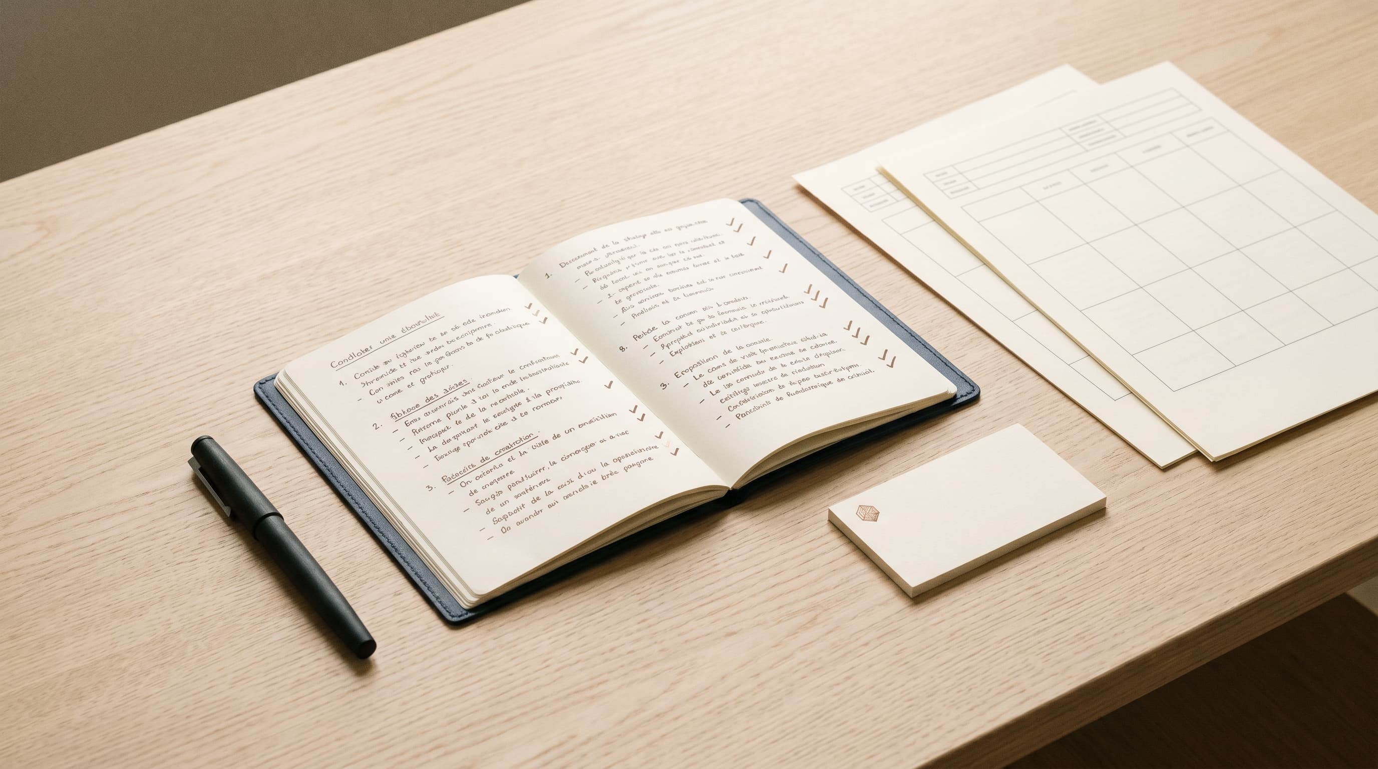 Supports de suivi qualité : cahier de notes, grille d'évaluation imprimée, stylo sur bureau bois clair